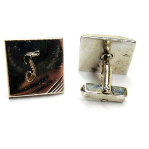 J Initial Swank Cufflinks Vintage Sterling Silver 925 Patina Tux Shirt Dress - Picture 1 of 8